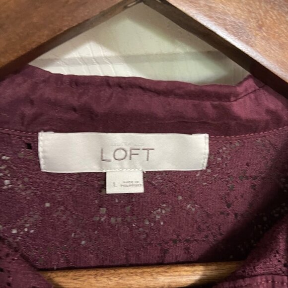 LOFT Womens Burgundy Red Long Sleeve Lace Semi Sheer Button Up Blouse Size Large - Picture 2 of 7